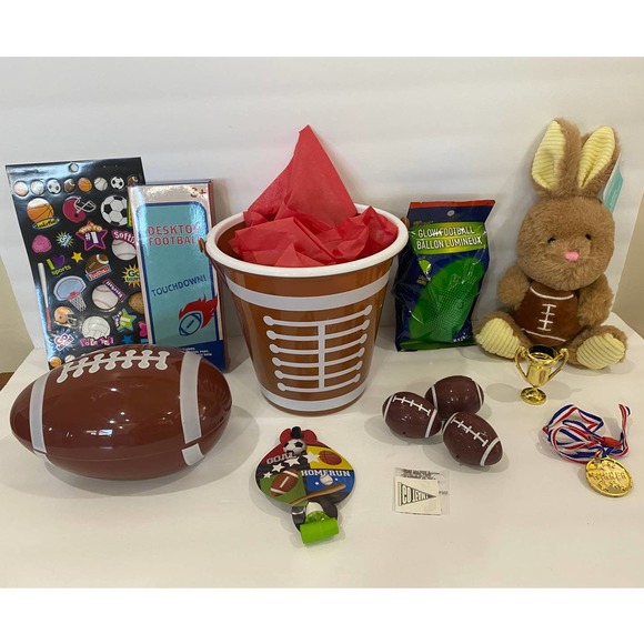 Filled Football Easter Basket Plush Bunny Rabbit Jumbo Egg Sports Trophy Games - Picture 1 of 11